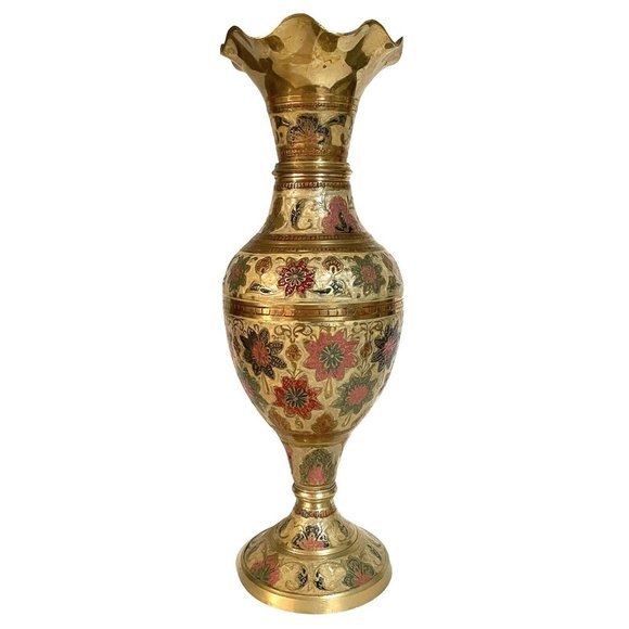 Vintage 1960s Solid Brass Enameled Ruffled Edge Vase Flowers India Hand Painted - Picture 1 of 8